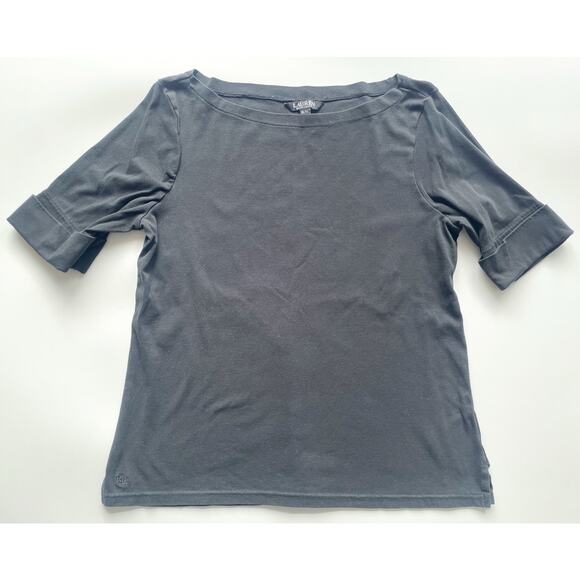 Women's Lauren Ralph Lauren Black Boat Neck Rolled Sleeve T-Shirt Size XL - Picture 1 of 6
